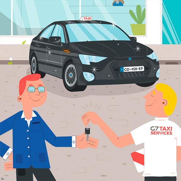 Chauffeur de taxi reçoit les clés de son nouveau véhicule de la part d'un collaborateur G7 Taxi services