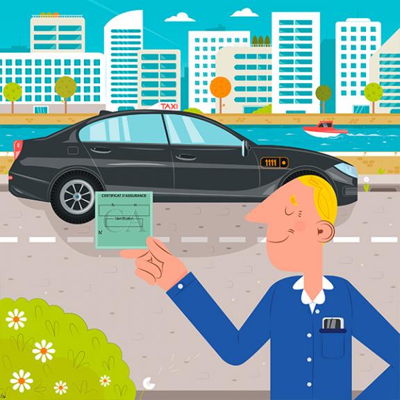 un chauffeur de taxi montre sa vignette d'assurance devant son véhicule taxi