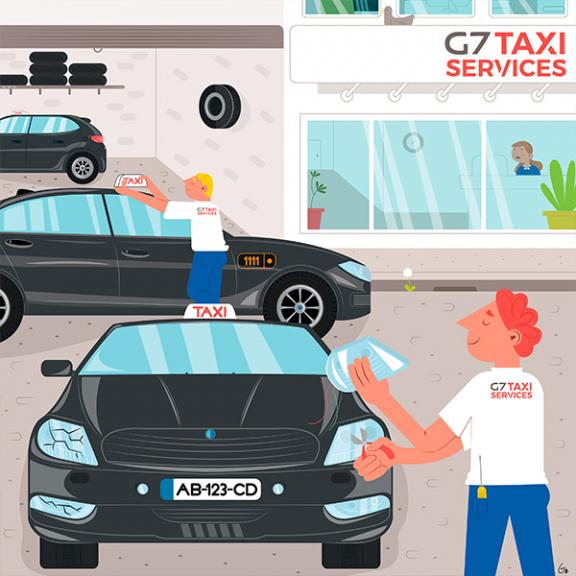 des employés de G7 Taxi Services réparent et équipent des véhicules taxi