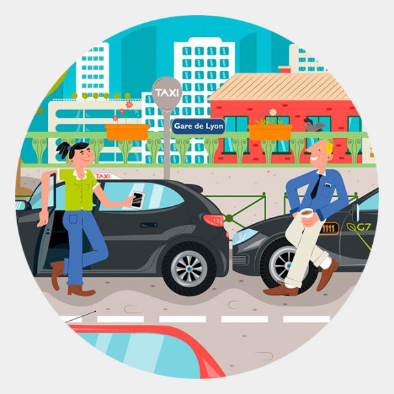 Des chauffeurs de taxi discutent devant leurs véhicules garés à une station de taxi