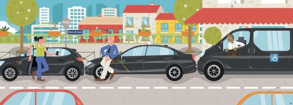 Des chauffeurs de taxi discutent devant leurs véhicules garés à une station de taxi